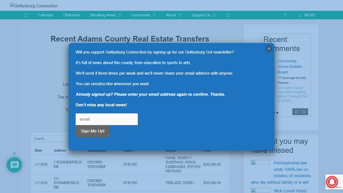 Adams County Property Transfers - Gettysburg Connection
